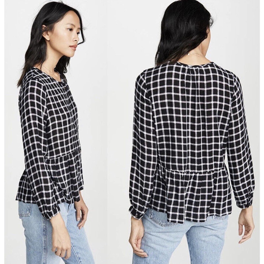 Rails Small A Check Plaid Button Front Top Black White Peplum